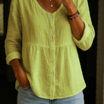 Women's Linen Cotton Blend Shirt - 3/4 Sleeve Crew Neck Loose Hip-Length Casual Blouse