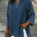 Elegant Polo Collar Irregular Hem Denim Shirt Top