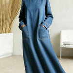 Women's New Spring Collection Round Neck Long-sleeved Casual Loose Denim Dress With Pockets.