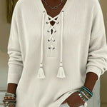 Boho Style Casual V-neck Drawstring Tassel Pullover