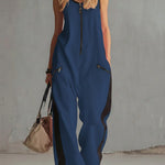 Women's Round Neck Sleeveless Casual Loose-fitting Cotton Wide-leg Jumpsuit