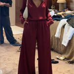 Cozy And Loose-fitting Satin Shirt And Wide-leg Pants Two-piece Set.