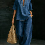 Minimalist Cozy Short-sleeved Top Wide-leg Jeans Denim Set