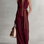 Women's V-neck Sleeveless Casual Loose Cotton Top And High-waisted Casual Loose Wide-leg Cotton Suit