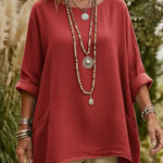 Casual V-neck Pocketed Irregular Hem Cotton And Linen Shirt