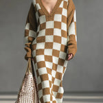 Women's Plaid Print V-neck Long-sleeved Casual Loose Knit Dress