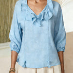 Women's Solid Color Ruffle V-neck 3/4 Sleeve Casual Loose Cotton And Linen Top