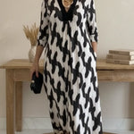 Elegant Art Print Color Block Trim V-neck Midi Dress