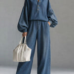 Women's V-neck Long-sleeved Casual Loose Denim Top And High-waisted Loose Wide-leg Denim Pants Set.