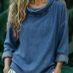 Elegant Draped-collar Denim Cotton Top