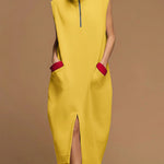 Women's Solid Color Stand-collar Sleeveless Casual Loose Cotton Dress
