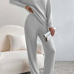 Women's Solid Color Casual Straight Leg Pants Loose V-neck Knit Set