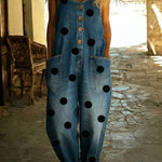 Artistic Polka Dot Print Button-up Denim Jumpsuit