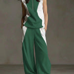 Women's Stand-collar Sleeveless Loose-fitting Cotton Top And Elastic-waist Loose Wide-leg Cotton Pants Set.