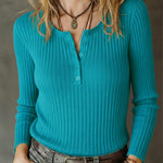 Women's Stretchy Knitted Cotton Henley Top