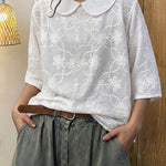 Women's Solid Color Peter Pan Collar 3/4 Sleeve Casual Loose Cotton Embroidered Top