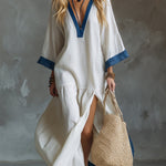 Loose And Cozy Patchwork Denim Dress With Contrasting Trim.