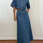 Women's Casual Zip-up Denim Top And Denim Skirt Two-piece Set