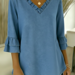 Cozy Ruffled V-neck Denim Cotton Top