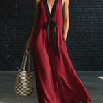 Classic Elegant Color-blocked Tie-neck Maxi Dress