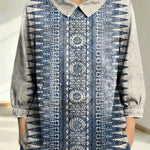 Women's Vintage Pattern Art Print Casual Denim 3/4 Sleeve Shirt