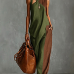 Fashionable Color-blocked Linen-cotton Maxi Dress