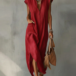 Elegant Ruff Collar Fashion Linen Cotton Midi Dress