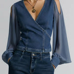 Women's V-neck Long-sleeved Casual Loose Denim Patchwork Top