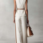 Women's V-neck Sleeveless Casual Loose Cotton Top And High-waisted Casual Loose Wide-leg Cotton Suit