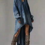 Women's V-neck Long-sleeved Casual Loose-fitting Denim Dress With A Shorter Front And Longer Back Hem.