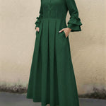 Women's Ruffled Sleeve Linen And Cotton Long Dress