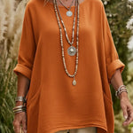 Casual V-neck Pocketed Irregular Hem Cotton And Linen Shirt