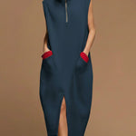 Women's Solid Color Stand-collar Sleeveless Casual Loose Cotton Dress