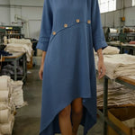 Cozy Patchwork Button-decorated Linen Dress