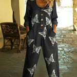 Vintage Butterfly Print Denim Jumpsuit