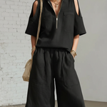 Minimalist Zip-up Shirt And Shorts Linen Two-piece Set-Everyday Wear
