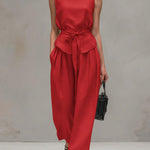 Women's Solid Color Round Neck Sleeveless Loose Casual Top And High-waisted Loose Wide-leg Pants Cotton And Linen Set.