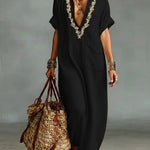 Loose-fitting V-neck Linen And Cotton Dress