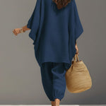 Women's Solid Color V-neck Long Sleeve Casual Loose Cotton Linen Top With Elastic Waist And Wide-leg Pants Set