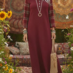 Cozy Henley Collar Sleeves Patchwork Plaid Knit Dress