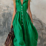 Women's Solid Color Lapel Sleeveless Casual Loose Cotton Dress