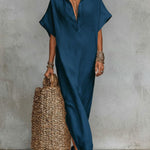 Women's Solid Color Collared Short-sleeved Casual Loose Linen Dress