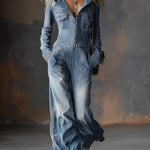 Women's Lapel Long-sleeved Casual Loose Hooded Denim Jumpsuit