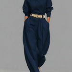 Casual Linen And Cotton Crew-neck Shirt And High-waisted Tapered Trousers Two-piece Set.