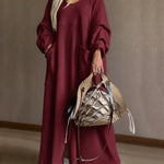 Women's Solid Color Round Neck Long-sleeved Loose-fitting Waffle Knit Casual Dress