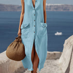Women's Solid Color Lapel Sleeveless Casual Loose Cotton And Linen Dress