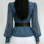 Elegant, Slim-fitting Denim Top With Organza Sleeves.