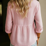 Women's Linen Cotton Blend Shirt - 3/4 Sleeve Crew Neck Loose Hip-Length Casual Blouse