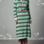 Women's Color-blocked Striped Print Cardigan Collar Long-sleeved Casual Loose Knit Dress