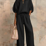 Cozy Stylish Zip-up Top And Wide-leg Jeans Set